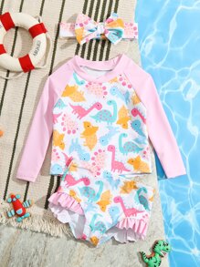 SHEIN 女宝宝恐龙印花荷叶边沙滩装及配饰发带 夏季沙滩女宝宝游泳装