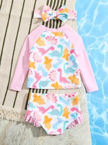 SHEIN 女宝宝恐龙印花荷叶边沙滩装及配饰发带 夏季沙滩女宝宝游泳装