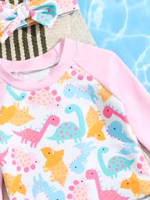 SHEIN 女宝宝恐龙印花荷叶边沙滩装及配饰发带 夏季沙滩女宝宝游泳装