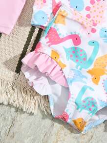 SHEIN 女宝宝恐龙印花荷叶边沙滩装及配饰发带 夏季沙滩女宝宝游泳装