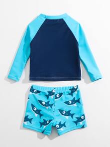 Baby Boy Shark Print Two-Piece Swimsuit Set Including Hat - Multicolor - View 2