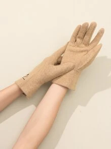 Guantes mezcla de lana con bordado de dibujos animados - Caqui - Ver 1