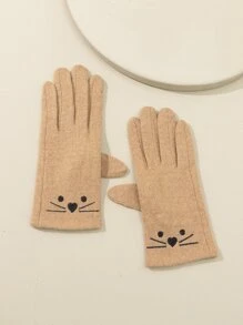 Guantes mezcla de lana con bordado de dibujos animados - Caqui - Ver 2