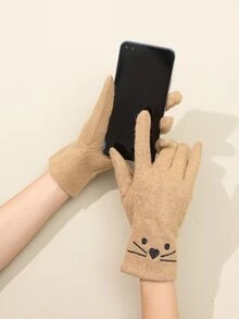 Guantes mezcla de lana con bordado de dibujos animados - Caqui - Ver 3