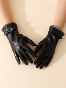 Bow Decor Plush Lined Gloves - Black - View 1
