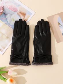 Bow Decor Plush Lined Gloves - Black - View 3