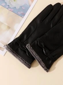Bow Decor Plush Lined Gloves - Black - View 4