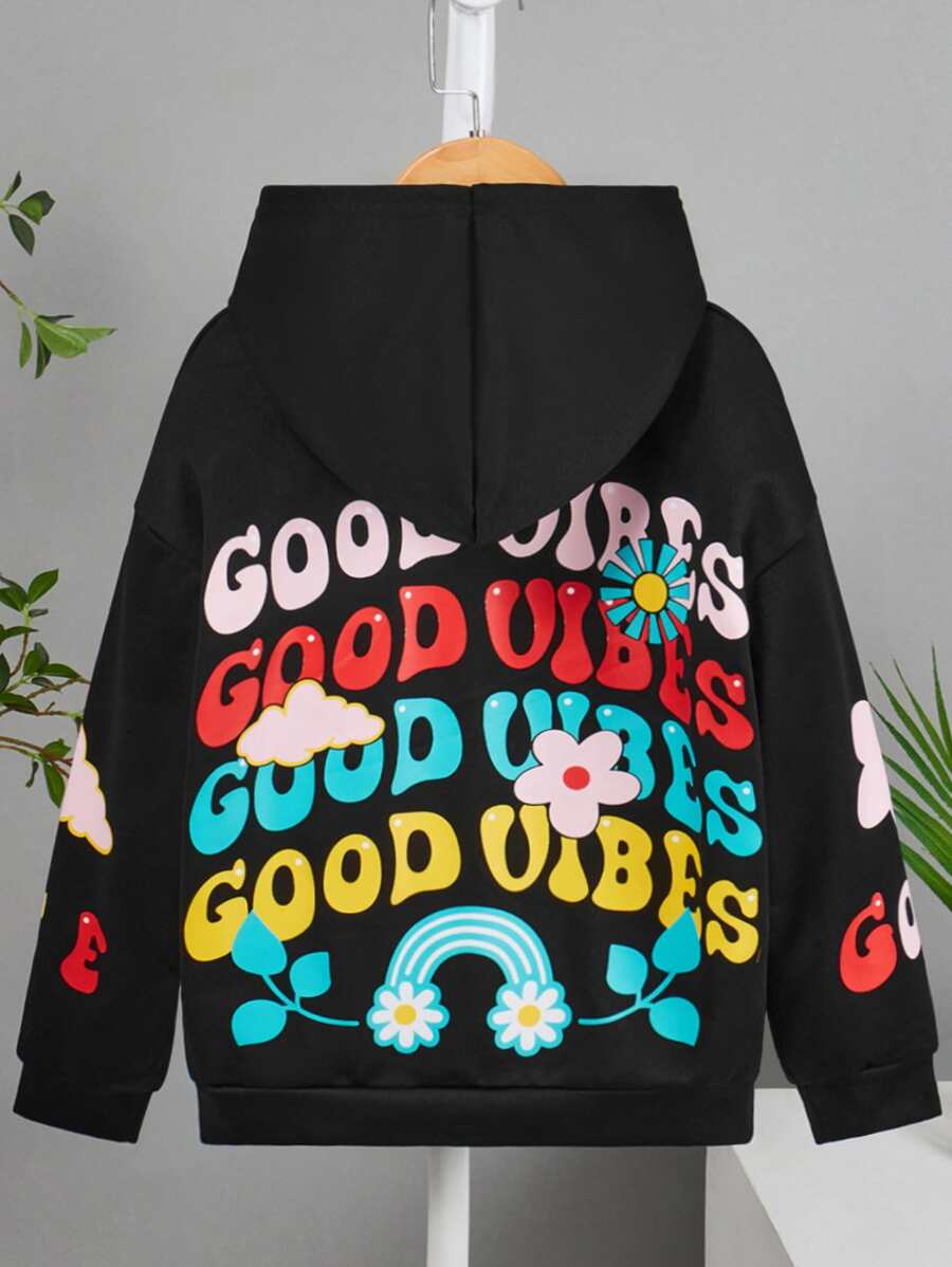 Girls Slogan & Floral Print Drop Shoulder Hoodie