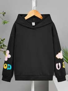Girls Slogan & Floral Print Drop Shoulder Hoodie