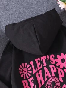 Girls Slogan & Cartoon Graphic Hoodie & Sweatpants - Black - View 3