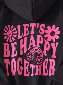 Girls Slogan & Cartoon Graphic Hoodie & Sweatpants - Black - View 8