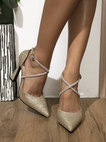 女士尖头细高跟镂空时尚派对高跟鞋，金色高跟鞋 - 金色 - 查看 3