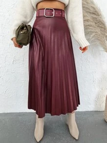 EURMUSE Solid PU Pleated Skirt Without Belt - Burgundy - View 3