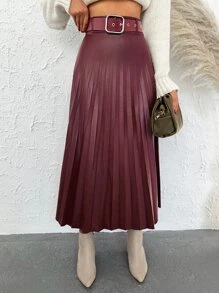 EURMUSE Solid PU Pleated Skirt Without Belt - Burgundy - View 4