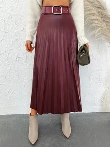 EURMUSE Solid PU Pleated Skirt Without Belt - Burgundy - View 5