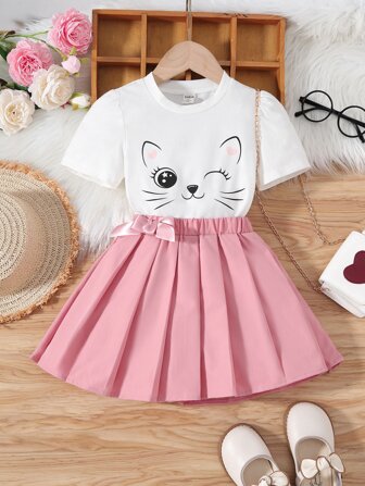 Camiseta Con Gráficos De Caricaturas Para Niñas Jóvenes Y Falda Plisada