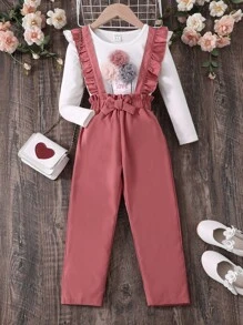 Toddler Girls Floral Patched Ruffle Trim Tee & Bow Front Pinafore Trousers - Multicolor - View 1