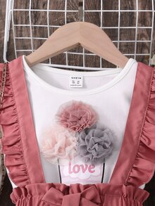 Toddler Girls Floral Patched Ruffle Trim Tee & Bow Front Pinafore Trousers - Multicolor - View 5