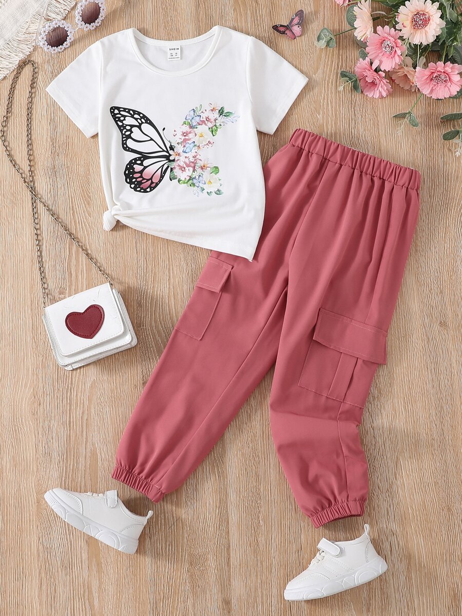 Genkimix Kids 少女花卉和蝴蝶印花T恤&翻蓋口袋貨物褲 - 彩色 - 查看 1