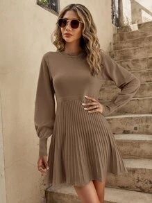 SHEIN Frenchy Lantern Sleeve Ribbed Knit Jumper Dress - Coffee Brown - View 3