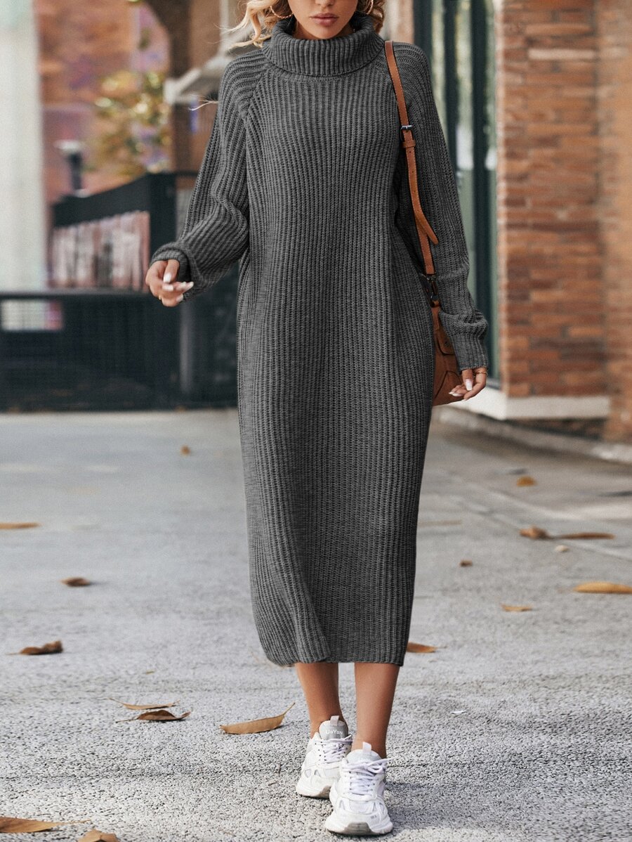 SHEIN LUNE Vestido de punto cuello alto de manga raglán - Gris Oscuro - Ver 1