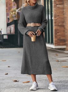 SHEIN LUNE Vestido de punto cuello alto de manga raglán - Gris Oscuro - Ver 3