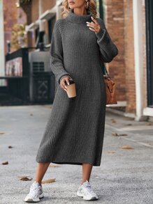 SHEIN LUNE Vestido de punto cuello alto de manga raglán - Gris Oscuro - Ver 4