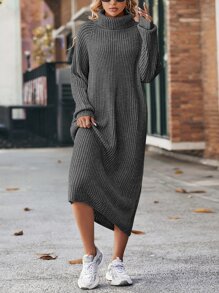 SHEIN LUNE Vestido de punto cuello alto de manga raglán - Gris Oscuro - Ver 5