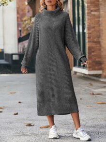 SHEIN LUNE Vestido de punto cuello alto de manga raglán - Gris Oscuro - Ver 6
