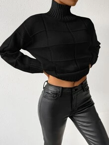 SHEIN Frenchy Plaid Knit High Neck Drop Shoulder Jumper - Black - View 1