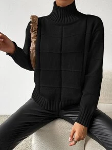 SHEIN Frenchy Plaid Knit High Neck Drop Shoulder Jumper - Black - View 5