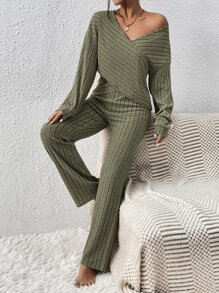 SHEIN Essnce Bộ đồ hai mảnh nữ Gân đan Trọn gói màu trơn Giải trí - màu xanh lá - Xem 1