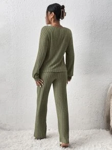 SHEIN Essnce Bộ đồ hai mảnh nữ Gân đan Trọn gói màu trơn Giải trí - màu xanh lá - Xem 2