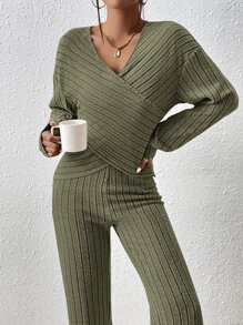 SHEIN Essnce Bộ đồ hai mảnh nữ Gân đan Trọn gói màu trơn Giải trí - màu xanh lá - Xem 4