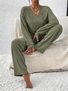 SHEIN Essnce Bộ đồ hai mảnh nữ Gân đan Trọn gói màu trơn Giải trí - màu xanh lá - Xem 5