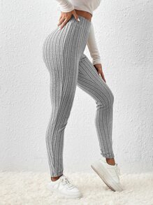 SHEIN EZwear High Waist Ribbed Knit Leggings - Light Grey - View 1