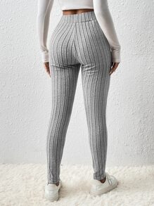 SHEIN EZwear High Waist Ribbed Knit Leggings - Light Grey - View 2