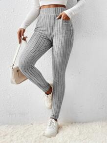 SHEIN EZwear High Waist Ribbed Knit Leggings - Light Grey - View 5