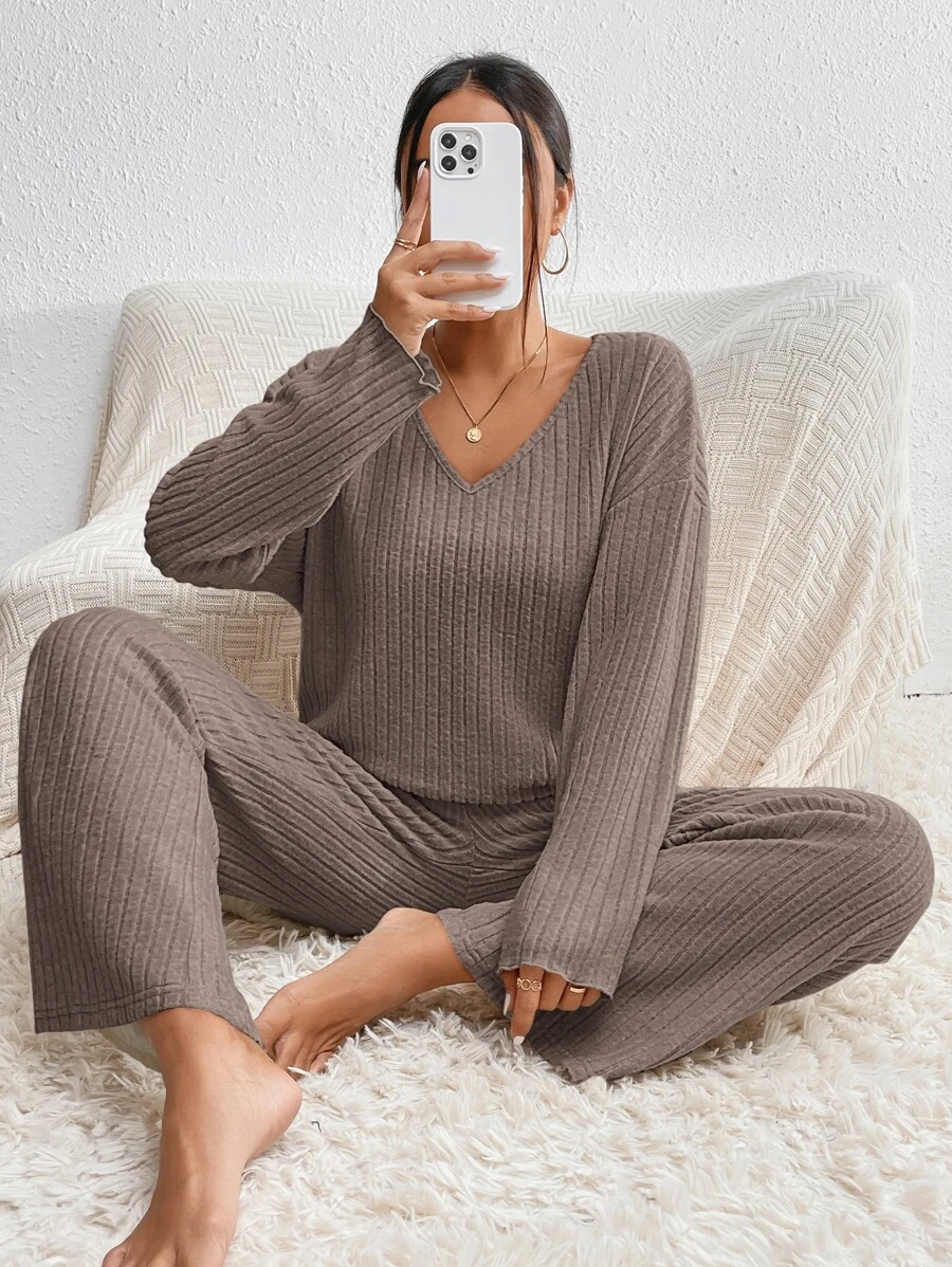 SHEIN Essnce Drop Shoulder Tee & Wide Leg Trousers - Mocha Brown - View 1