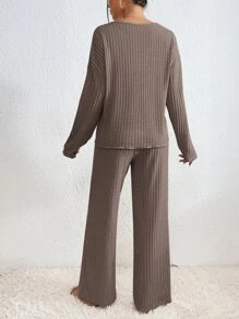 SHEIN Essnce Drop Shoulder Tee & Wide Leg Trousers - Mocha Brown - View 2