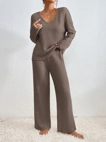 SHEIN Essnce Drop Shoulder Tee & Wide Leg Trousers - Mocha Brown - View 3