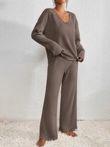 SHEIN Essnce Drop Shoulder Tee & Wide Leg Trousers - Mocha Brown - View 5