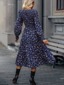 SHEIN LUNE Ditsy Floral Print Shirred Ruffle Hem Dress - Navy Blue - View 2
