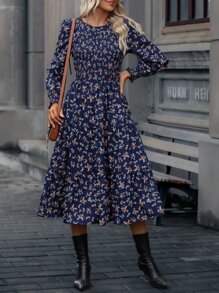 SHEIN LUNE Ditsy Floral Print Shirred Ruffle Hem Dress - Navy Blue - View 3