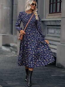 SHEIN LUNE Ditsy Floral Print Shirred Ruffle Hem Dress - Navy Blue - View 5