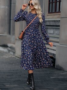 SHEIN LUNE Ditsy Floral Print Shirred Ruffle Hem Dress - Navy Blue - View 6