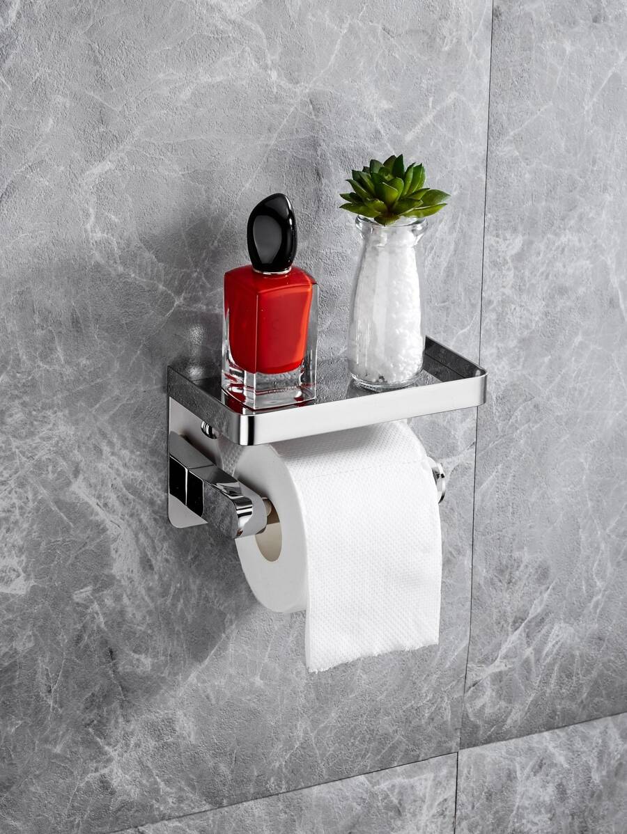 1pc Stainless Steel Bathroom Storage Rack, Minimalist Silver Tissue Paper Holder For Bathroom - Silver - View 1