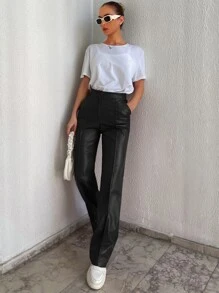 EURMUSE Zipper Fly Slant Pockets Straight Leg Pants - Black - View 3