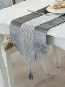 Rhinestone & Tassel Decor Table Runner - Grey - View 1