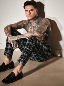 Manfinity Men Plaid Drawstring Waist Trousers - Black and White - View 1